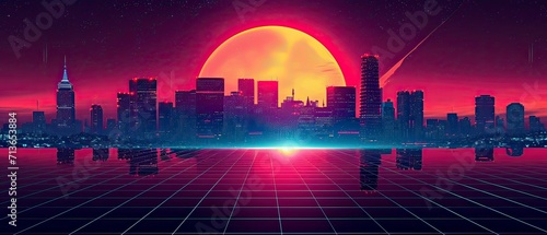 city at sunset, sunset over city, skyline at sunset Retro 90s city Background Vector silhouette generative AI