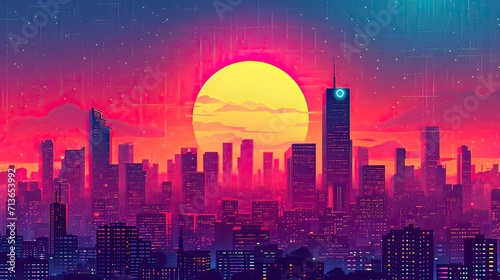 city skyline at sunset illustration, Retro 90s city Background Vector silhouette generative AI