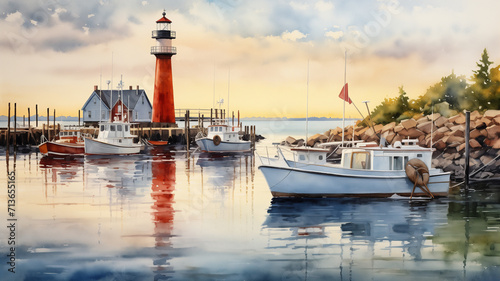Mesmerizing watercolor painting portraying a peaceful harbor with fishing boats and a lighthouse.