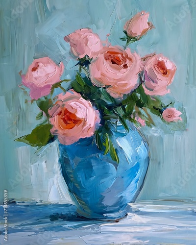 blue vase pink roses table verdigris standing confidently rich bright