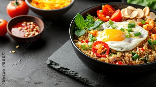 Delicious Nasi Goreng background with ample space for text, showcasing a flavorful and spicy traditional Indonesian dish topped with eggs, vegetables, and a garnish of selected spices