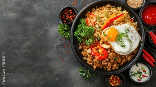 Nasi Goreng background with ample space for text, showcasing a flavorful and spicy traditional Indonesian dish topped with eggs, vegetables, and a garnish of selected spices