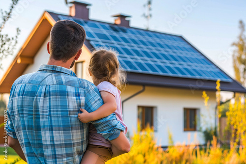 Rear view of dad holding her little girl in arms and showing at their house with installed solar panels. Alternative energy, saving resources and sustainable lifestyle concept