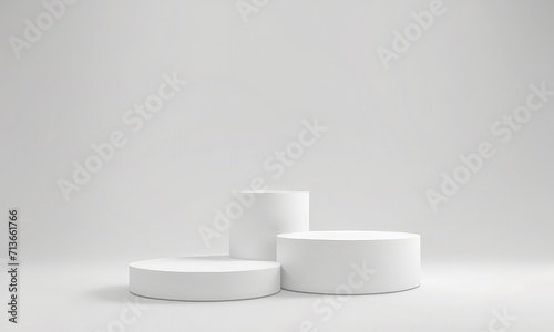 three product placement podium. Empty podium or pedestal display on white background with cylinder stand. Empty stage podium, three circle pedestals