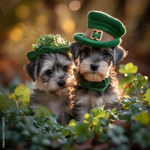 Miniature schnauzer puppies donning vibrant St. Patrick's Day costume