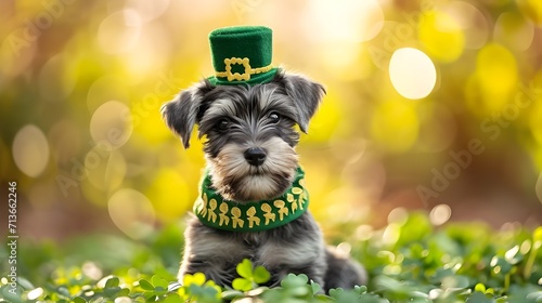 Miniature schnauzer puppy donning vibrant St. Patrick's Day costume