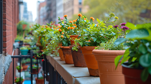 Vasos de plantas coloridas e vivas enfeitam a borda de uma movimentada sacada da cidade adicionando uma explosão de beleza natural à paisagem urbana