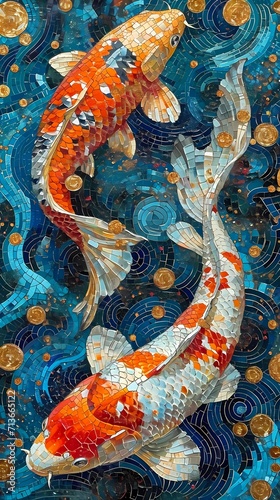 wall art of 2 KOI fish in the pond, painting style auspicious animal for Chinese New Year, the symbol of wealth