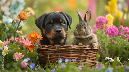 A rottweiler puppy and a bunny sharing a basket