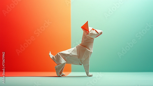 A paper origami craft of animal in a dog shape on a plain colored background