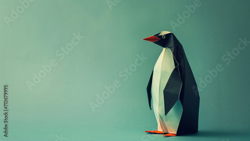 A paper origami wildlife animal of a emperor penguin on a plain colored background