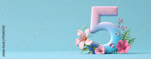 3D render number five with flowers. 5 years anniversary, Happy birthday 5 years old celebration