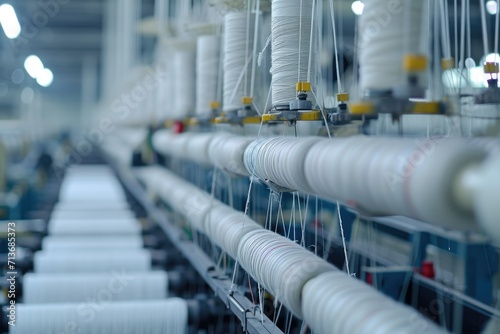 Spinning machines and looms in a textile manufacturing facility, depicting the process of transforming raw materials into fabrics