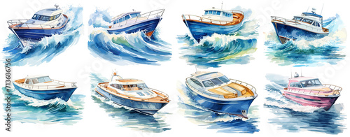 Set of watercolor speedboat Sticker, Clipart, PNG, generated ai