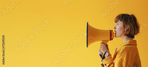 megaphone, announcement and woman voice isolated on yellow background, news or broadcast. Speech, opinion and gen z person in studio, mockup and call to action, protest or change. Place for text