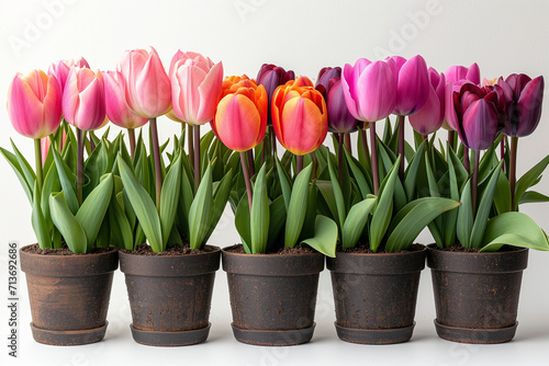 Pots de tulipes de Hollandes de couleurs variées côte à côte sur fond blanc