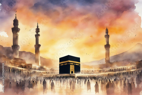 watercolor landscape view of holy kaaba with sunrise