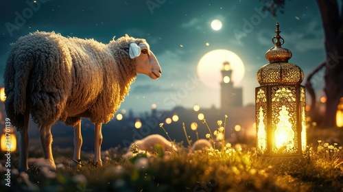Sacred Sacrifice- Eid Al Adha Mubarak Background with Sheep and Islamic Prayer