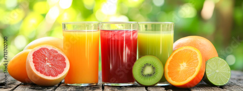 An inviting display of fresh orange, grapefruit, and kiwi juices in glasses, with their whole fruits on a wooden surface outdoors. 