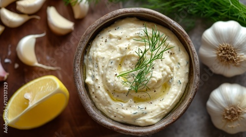 Rustic bowl of creamy aioli garnished with dill, alongside fresh ingredients.