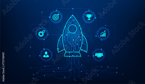 rocket launch business start up digital technology on blue background. new business growth success. leadership strategy achievement. vector illustration hi-tech line circuit design.