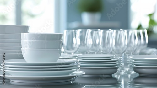 Neat collection of white dinnerware and clear glassware on open shelves