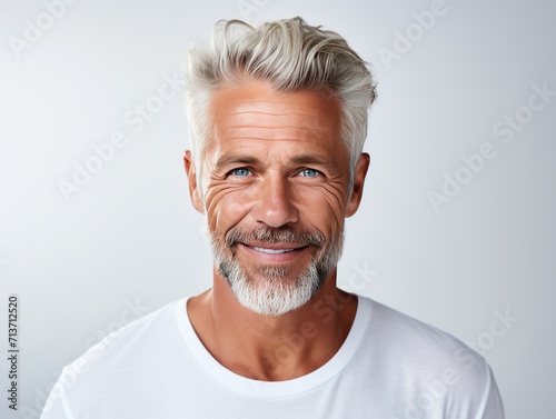Beautiful close up portrait of mature handsome middle aged men smiling with beautiful white teeth on white background