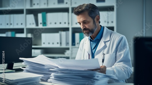 Showcase the professionalism of a doctor multitasking efficiently, managing paperwork with a focused expression close up