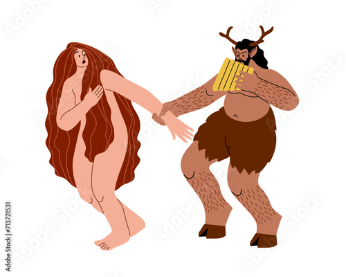 A satyr plays the flute and catches a nymph. Color vector illustration isolated on a white background in a cartoon and flat design.
