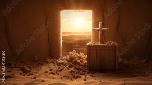 Tomb of jesus : Jesus Christ is Risen : Easter Day : Details of Jesus Christ’s Resurrection : Surrealism Background, Easter day or resurrection of jesus christ concept