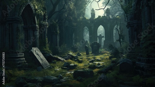 A dark and creepy forest with tombstones. Generative AI.