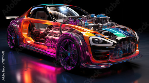 Aerodynamic body kit upgrade on a racing car in a vivid, energetic outdoor setting." "Customized intake manifold of a high-performance vehicle in muted, studio-lit surroundings