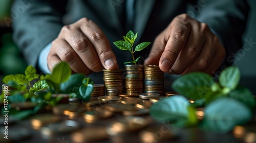 Investment growth and financial stability concept. hands stacking coins with a growing plant. sustainable finances and savings. AI