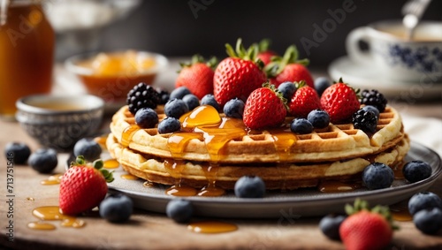 Deliciosos waffles con miel, fresas y arándanos