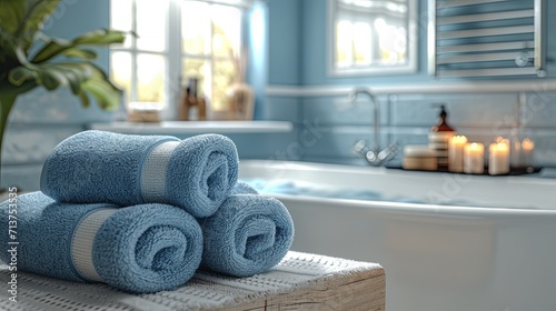 Blue folded towels lie in the bathroom, home spa care, relaxation, self-care