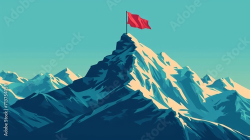 A majestic mountain peak crowned with a vibrant red flag, symbolizing achievement and adventure, goal of business concept