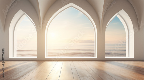 simple elegant view of interior space with arch window design with wooden floor and sunlight