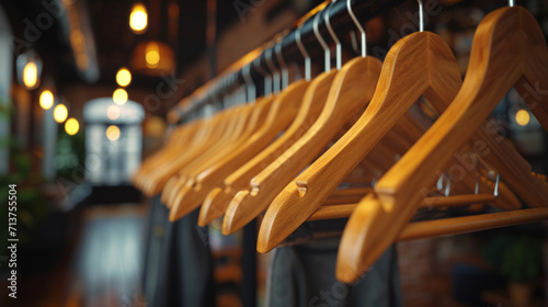 Organized row of wooden hangers in a boutique setting suggests fashion, retail, and shopping