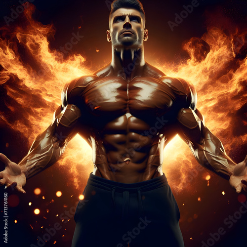 Brutal strong athletic bodybuilder posing fire and spark explosion in the background. A man with a fire background. Brutal strong athletic man with muscular body posing in studio over dark background.
