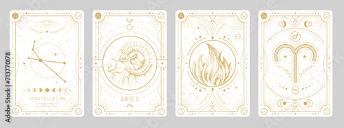 Set of Modern magic witchcraft cards with astrology Aries zodiac sign characteristic. Vector illustration