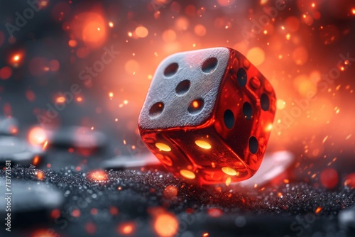 Red dice on black background with bokeh effect. Casino concept