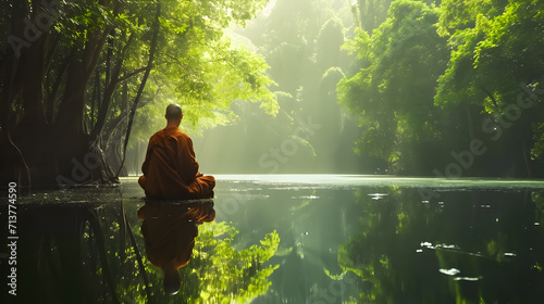 Buddhist monk in meditation beside a lake in the jungle