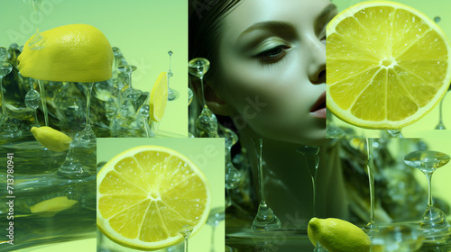 A few photos of green lemon and water, with a light green and transparent texture style, anime aesthetics, interesting complexity, berry punk, gorgeous colors, 32k uhd, karol bak, Generate AI.