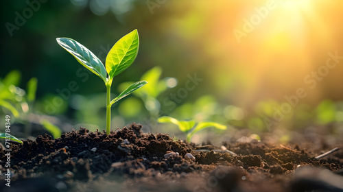 On a spring morning, at dawn, the first small green plant buds sprout from the ground in the dew, under the sunlight. Close up, microscopic photography. Origin of life concept. generative AI