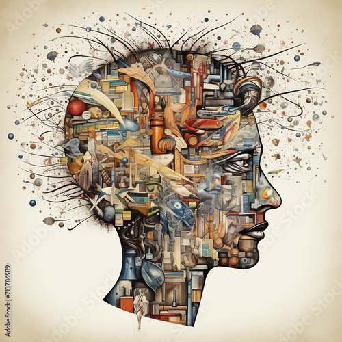 Knowledge and ideas in the human head - Illustration, education collage 