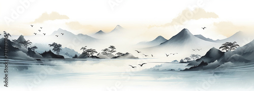 山々の景色 水墨画 イラスト「AI生成画像」