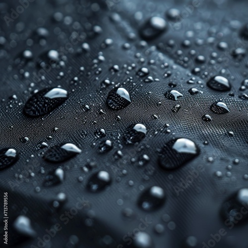 closeup of a dark waterproof fabric with water drops