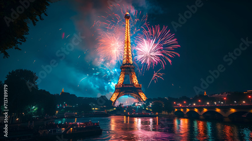 PARIS, FRANCE - JULY 14, 2017: Famous Eiffel Tower and beauty and colorful fireworks during celebrations of French national holiday - Bastille Day.