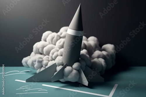Cartoon pencil rocket launching on dark background with cloud and sphere around. Concept of startup business taking off or explore the infinite world. Generative AI