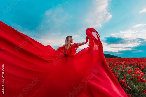 Woman poppy field red dress. Happy woman in a long red dress in a beautiful large poppy field. Blond stands with her back posing on a large field of red poppies